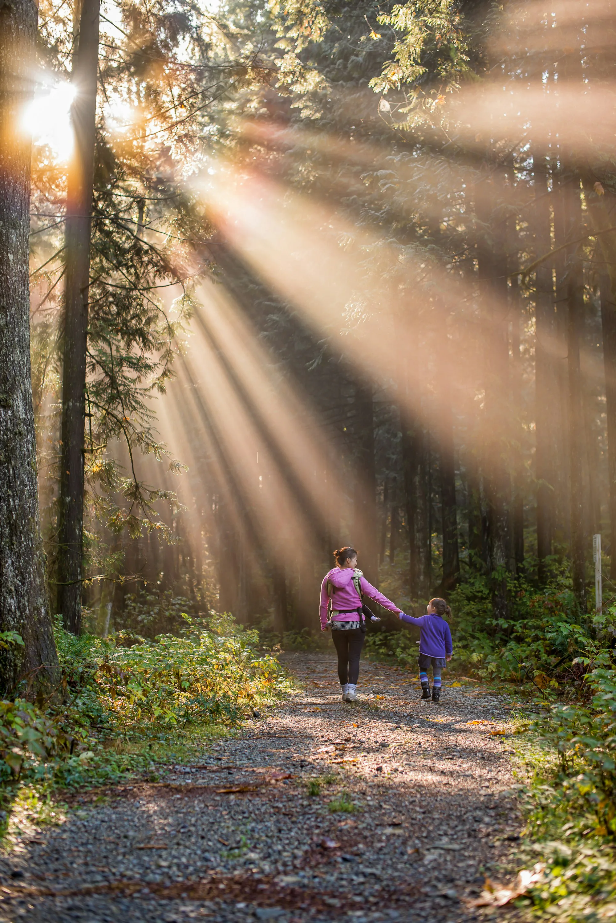 A woman walking in a forest with a child
