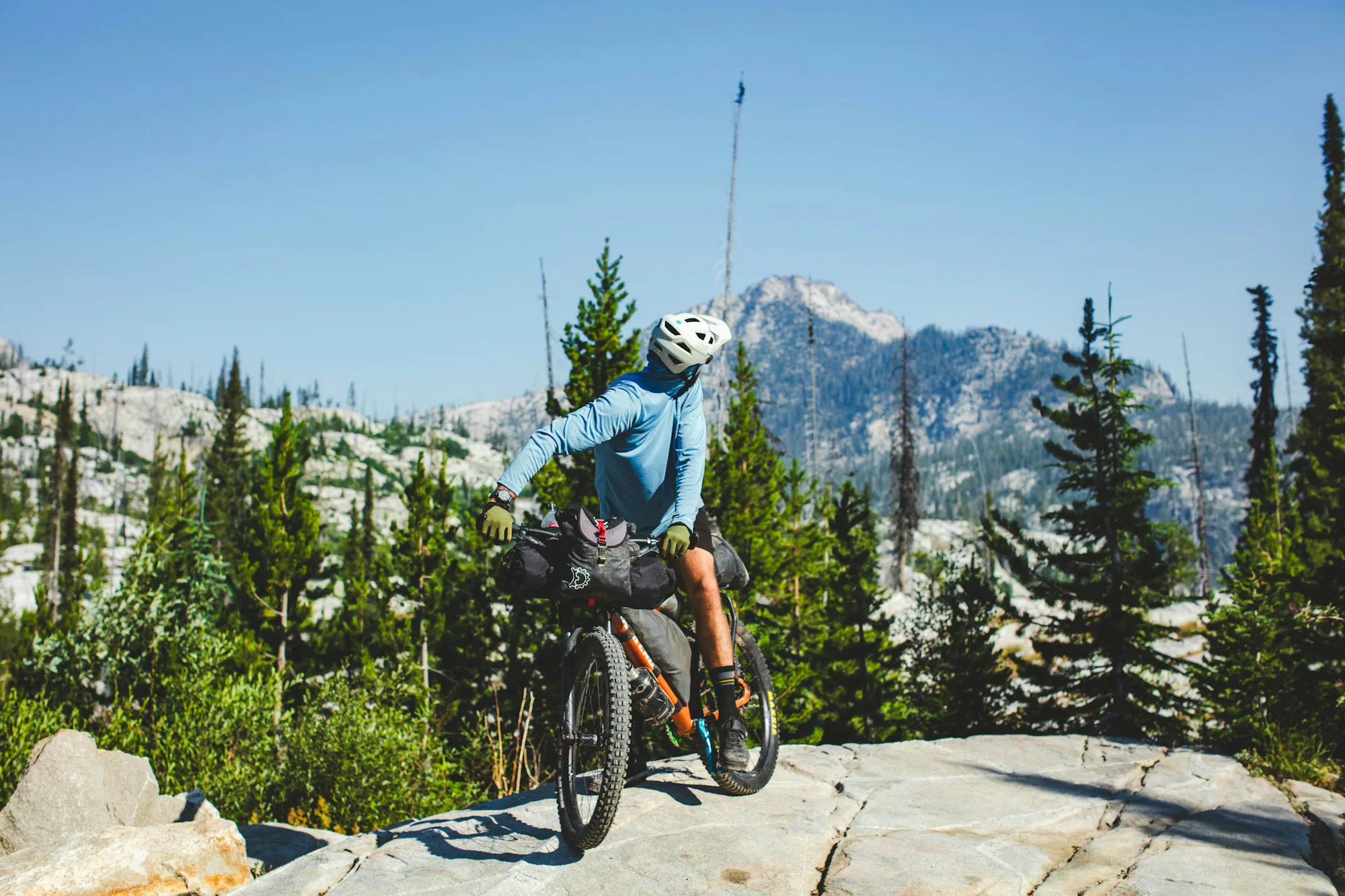 A bikepacker on a rocky mountain trail among pine trees