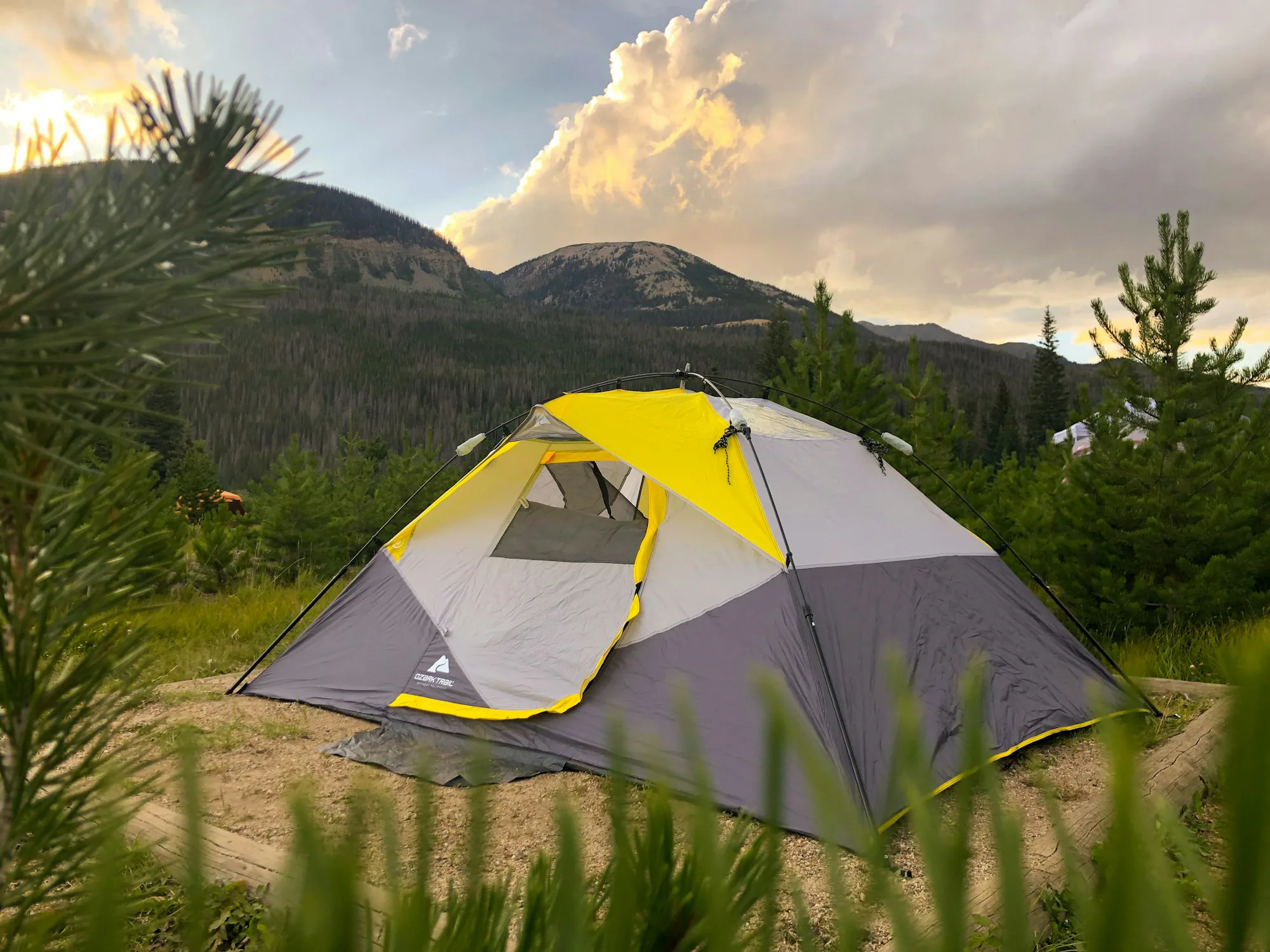 A yellow and grey dome tent on green grass