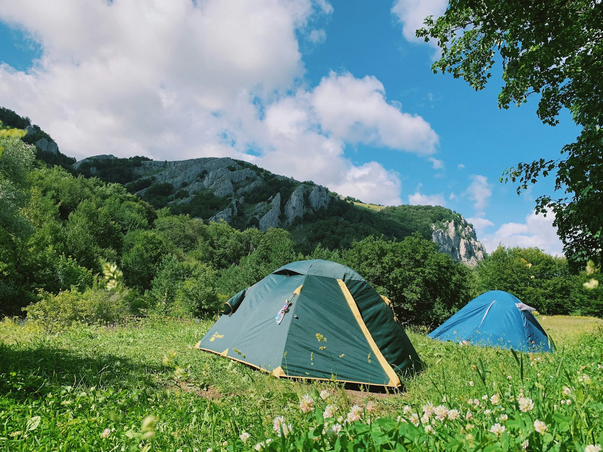 Two tents pitched in a green meadow with hills behind